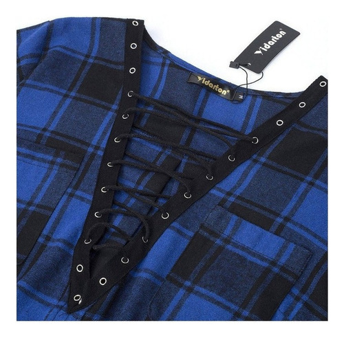 Blusa De Mujer Manga Larga A Cuadros Con Cuello En V Suelta