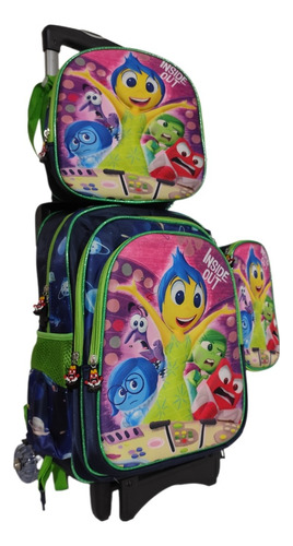 Mochila Lonchera Y Lapicera. Combo De Intensamente Con Llantas, Ruedas O Carrito Verde Limón Liso