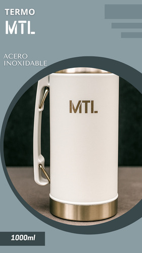 Termo Mtl 1 Litro Acero Inoxidable Pico Cebador Mate System Color Blanco Tapa Vaso Térmico Reforzado Alta Resistencia Líquidos Calientes Fríos