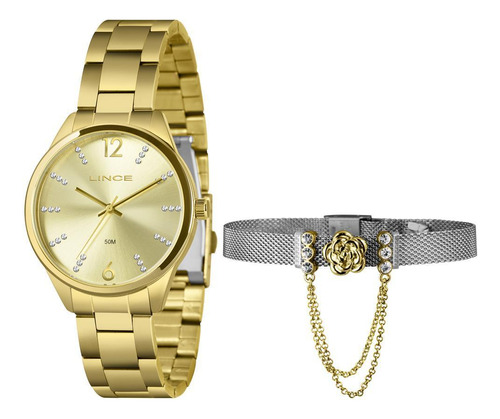 Relógio Lince Feminino Dourado 40mm + Pulseira Semijóia