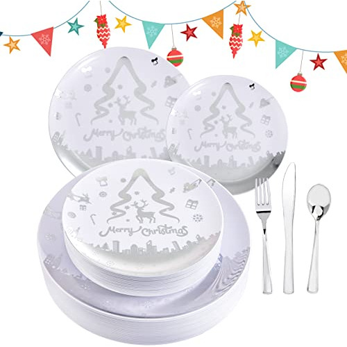 Platos Navidad Plstico 150pcs Con Diseo Rbol Y Reno, Incluye