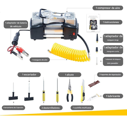 Kit Inflador De Aire 12 V Auto Vehiculo Maletin 150psi Negro 50 Hz/60 Hz Monofásica