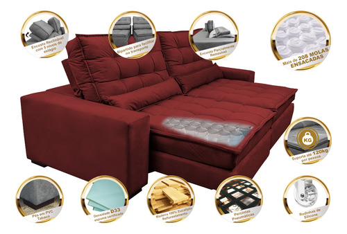 Sofá Retrátil e Reclinável com Molas Ensacadas Cama inBox Gold 2,52m Tecido Suede Velusoft Vermelho