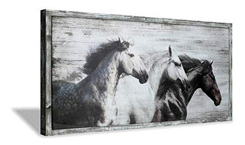 Cuadro Caballo Gris Y Blanco En Marco De Madera 48 X24 