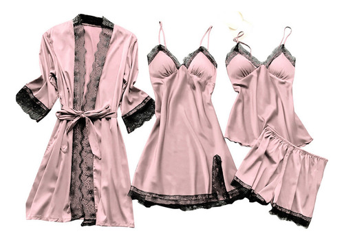 Conjunto De Pijama Babydoll Con Bata De Encaje De Seda Para