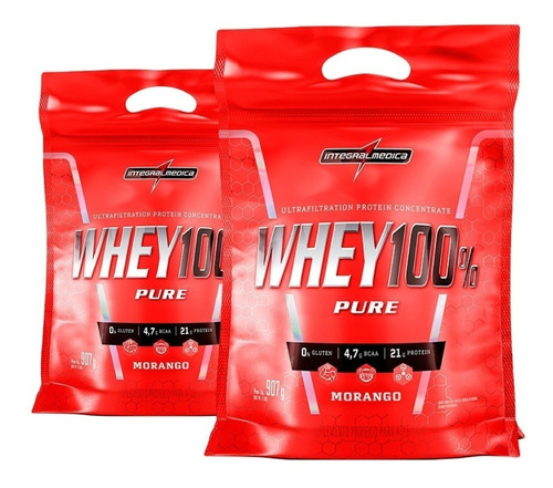 2x Whey Protein 100% Pure 907g Refil - Integral Médica Sabor Morango