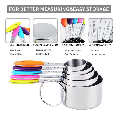 Tazas Y Cucharas Medidoras De Acero Inoxidable, 6 Piezas