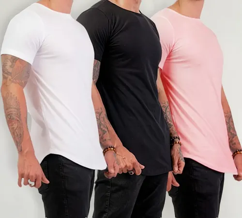 MLB 1960708216 3 Camisas Masculina Long Line Lisa Sem Estampa Slim Fit JM