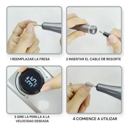 Torno Eléctrico Inalámbrico Para Uñas 35.000rpm Usb+6 Fresas Gris