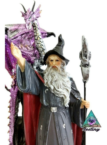 Figura En Resina Del Mago Merlin Con Dragon Morado