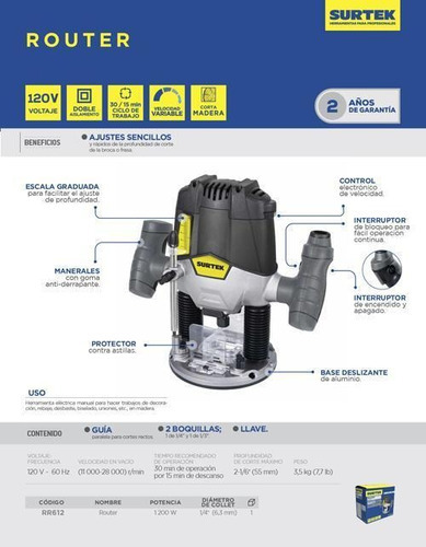 Router 1/4-1/2puLG 1200w Herramienta Eléctrica Madera Surtek
