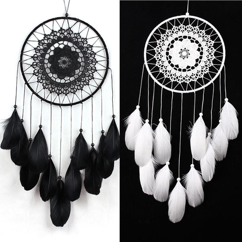 Set 2 Atrapasueños Negro Y Blanco Colgantes Con Plumas