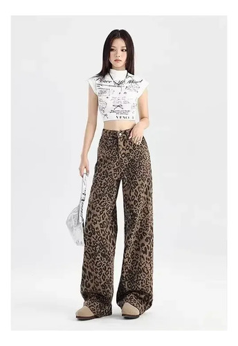 Jeans Anchos De Cintura Alta Con Estampado De Leopardo Para