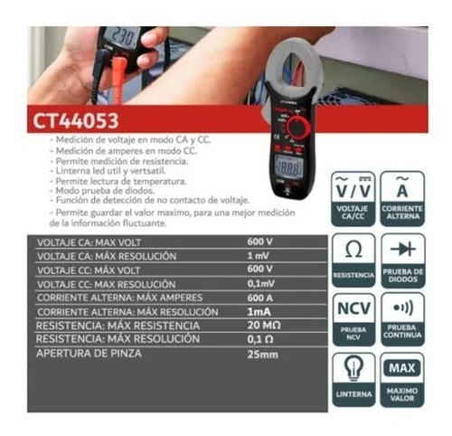 Imagen 3 de 6 de Pinza Amperimetrica Tester Multimetro Tenaza 600v Crown