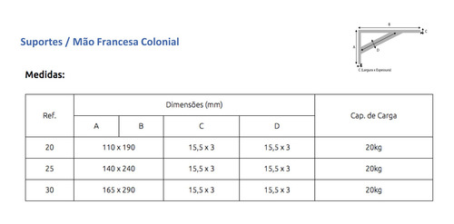 Mão Francesa Colonial L 20cm Em Aço Kit 10un Preto