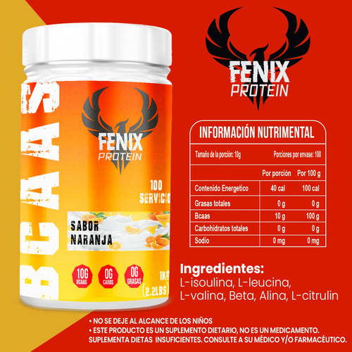 Fenix Protein Bcaas Amino 1kg 100 Servicios Naranja