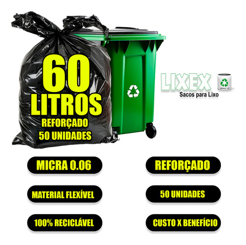 Saco De Lixo 60 Litros Reforçado Grosso 50un Preto