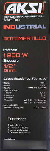 Taladro Rotomartillo 1/2 PuLG 1,200 Wats Industrial Aksi