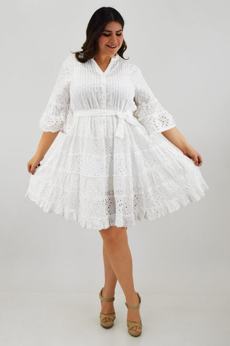 Vestido De Algodón Con Cinto /tallas Extras, 8541 (blanco)