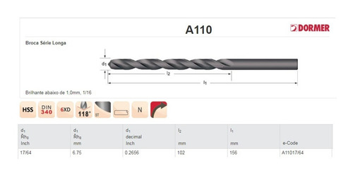 Broca Longa Paralela 17/64x102x156 6,747 Din340 A110 Dormer