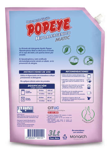 Detergente Hipoalergénico Popeye Bebé Matic Doypack 3l