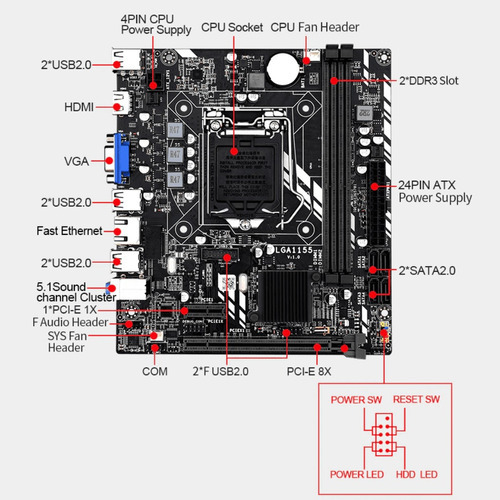 Placa Mãe Intel H61m Lga 1155 Ddr3 I3 I5 I7 Hdmi Ate 16 Giga Cor Preto