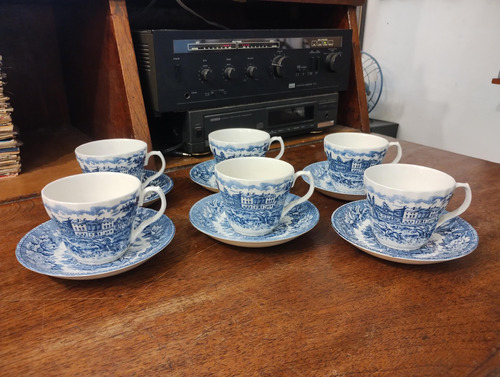 Antiguo Juego De 6 Tazas De Te Loza Inglesa Azul H. Aynsley