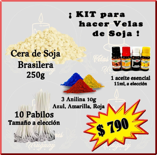 Kit P/hacer Velas Cera De Soja 10 Pabilos 1 Aceite 3anilinas