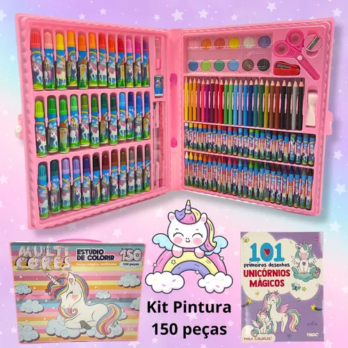 Kit Estojo Escolar Infantil Maleta de Colorir e Desenhar Unicórnio