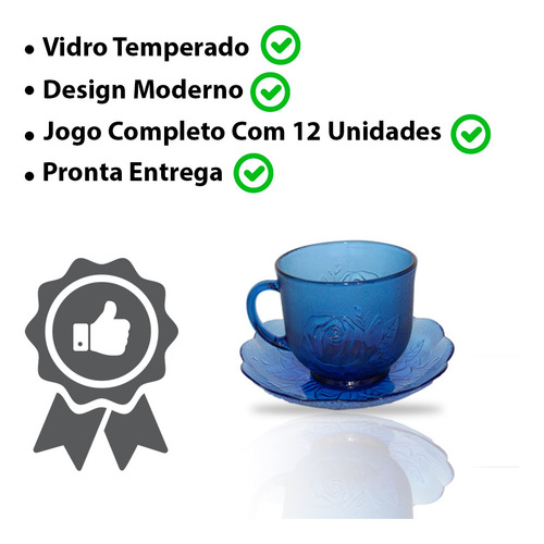 Jogo De Xícaras Para Café Chá 200ml Com Pires Azul 12peças