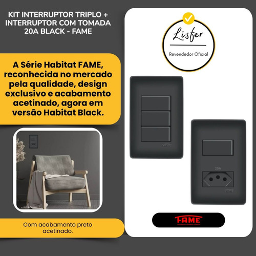 Kit Interruptor Triplo + Interruptor Com Tomada 20a Preta