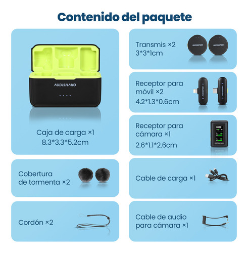 Micrófono Inalámbrico Solapa Audishako Mic-M2 Para Combo Color Negro, Para Iphone/Android/Cámara/Pc, Mini Micrófono De Lavalier, Filtro De Voz, Cancelación De Ruido, Batería De 40h Para Grabación Vlog