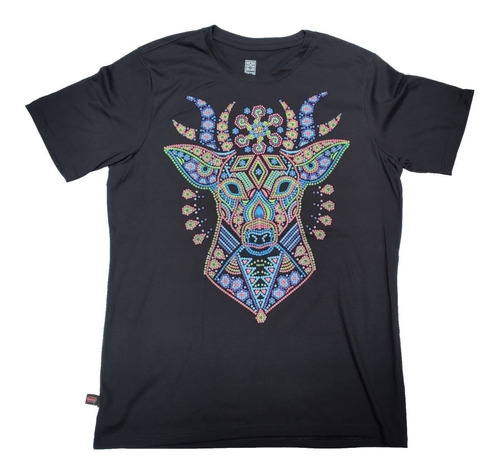 Playera Larva Negro Venado Chaquira Huichol 