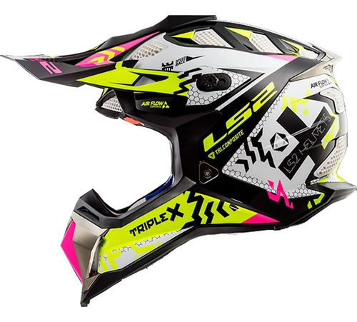 Casco Ls2 Mx470 Triplex Negro Rosado Amarillo Fluo