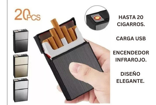 Cigarrera Porta Cigarro Con Encendedor Electronico Usb Grafito