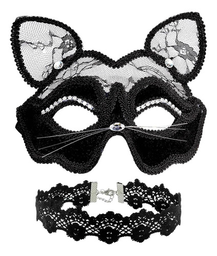Disfraz De Gato Negro Para Mujer Con Máscara De Encaje Sexy