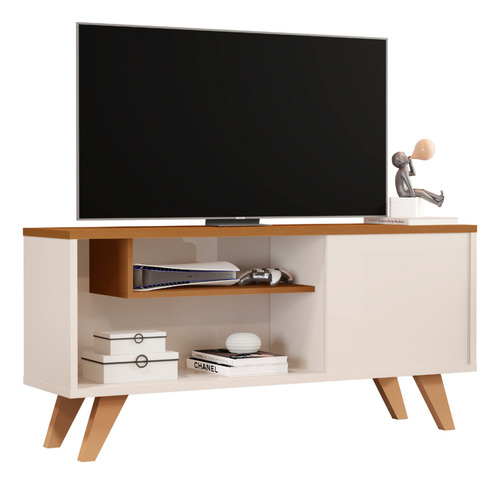 Rack Bancada Heitor Off White Tv 50 Polegadas Compacto Para Sala Com Porta E Prateleiras Pés Retrô