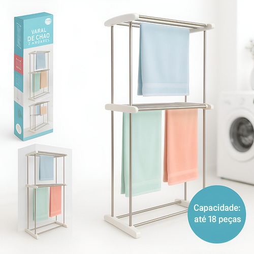 Varal De Roupas De Chão 2 Andares 120cm Cor Branco