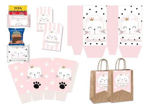 Kit Imprimible Candy Bar Gata Gatita Rosa Personalizado