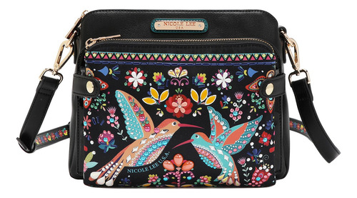 Cartera Bandolera Dama Nicole Lee Bda16935 Bosque De Amor Acabado De Los Herrajes Oro Color Negro Correa De Hombro Negro Diseño De La Tela Floreado