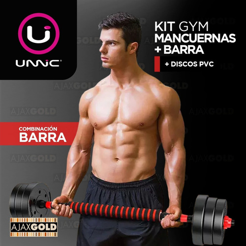 Imagen 4 de 8 de Kit Gym Mancuerna Barra Topes Rosca Fitness + Discos 20 Kg
