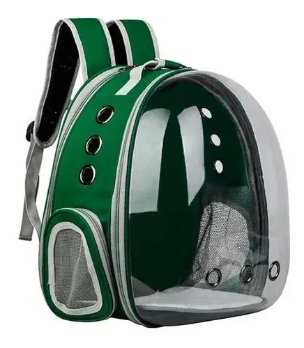 Mochila para mascotas con vista panorámica, astronauta, perro y gato, color verde