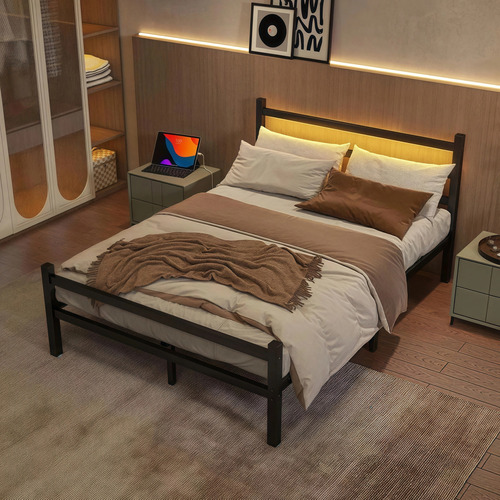 Metal Cama Queen Size Cabecera Luces Led Usb Recamara210x154