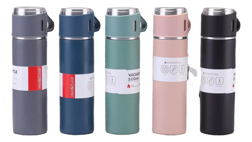 Set Termo 500ml Con 3 Tazas Acero Inoxidable Ideal Cafe Color Azul Negro Gris Verde Rosa