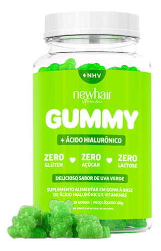 1 Pote New Hair Vitamin Em Goma Com Ácido Hialurônico Sabor Uva Verde