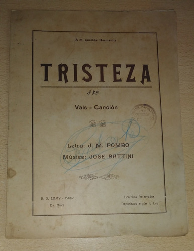 Partitura Tristeza Vals Canción Pombo Battini 