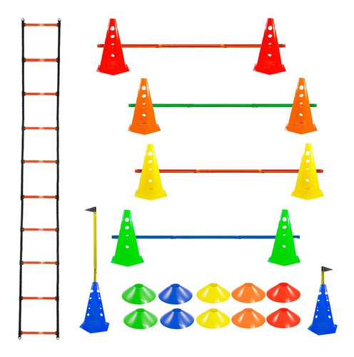 Escada Funcional + 10 Pratos Circuito Agilidade+  10 Cones Flexível Furado C/ 5 Barreiras