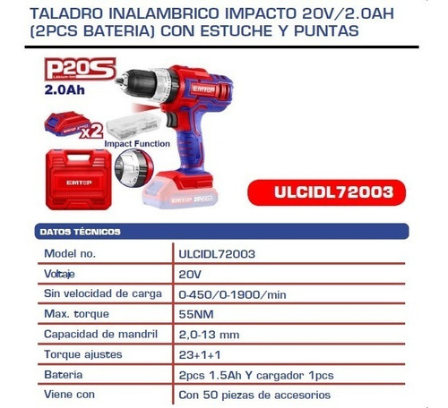 Imagen 2 de 4 de Taladro Impacto Inalambrico 20v/2.0ah (2pcs Bateria)