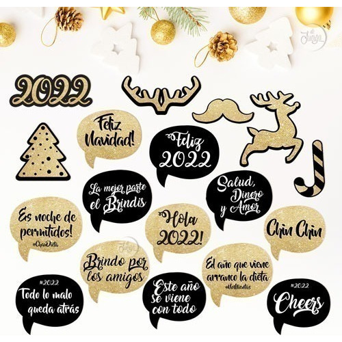 Kit Imprimible Navidad Año Nuevo Glitter Dorado Promo 2x1