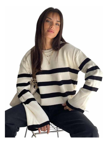 Sweater Rayado Blanco Negro Gris Moda Mujer Bremer Tajos